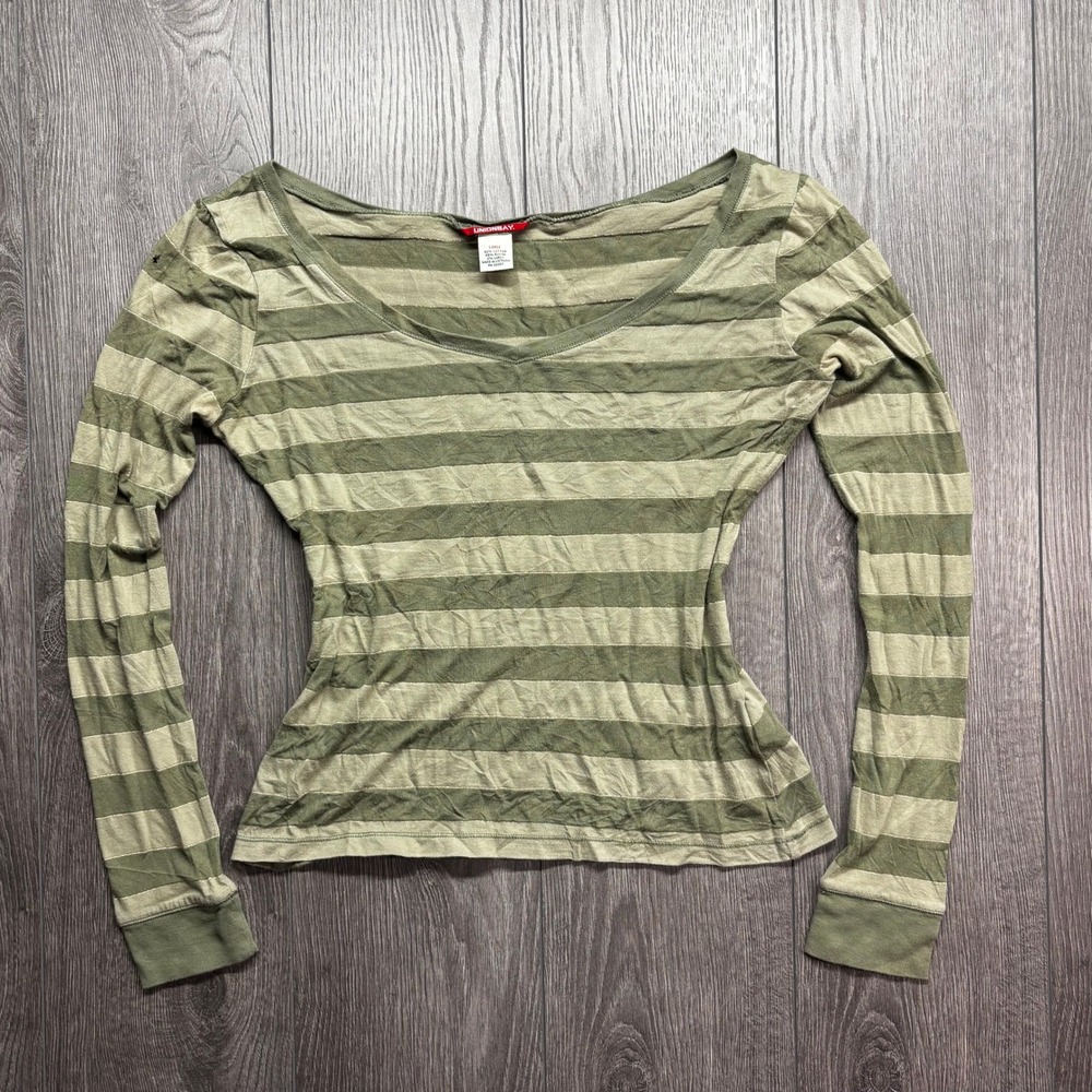 Unionbay Womens y2k Striped Long Sleeve Large Scoop Neck Top Green Lurex